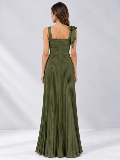 Square Neck A-Line Pleated Satin Sleeveless Floor-Length Wedding Guest Dress