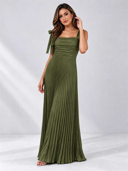 Square Neck A-Line Pleated Satin Sleeveless Floor-Length Wedding Guest Dress