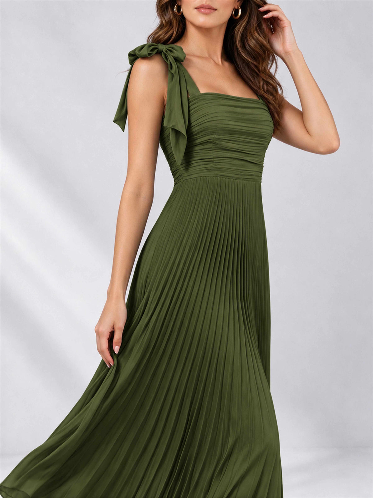 Square Neck A-Line Pleated Satin Sleeveless Floor-Length Wedding Guest Dress