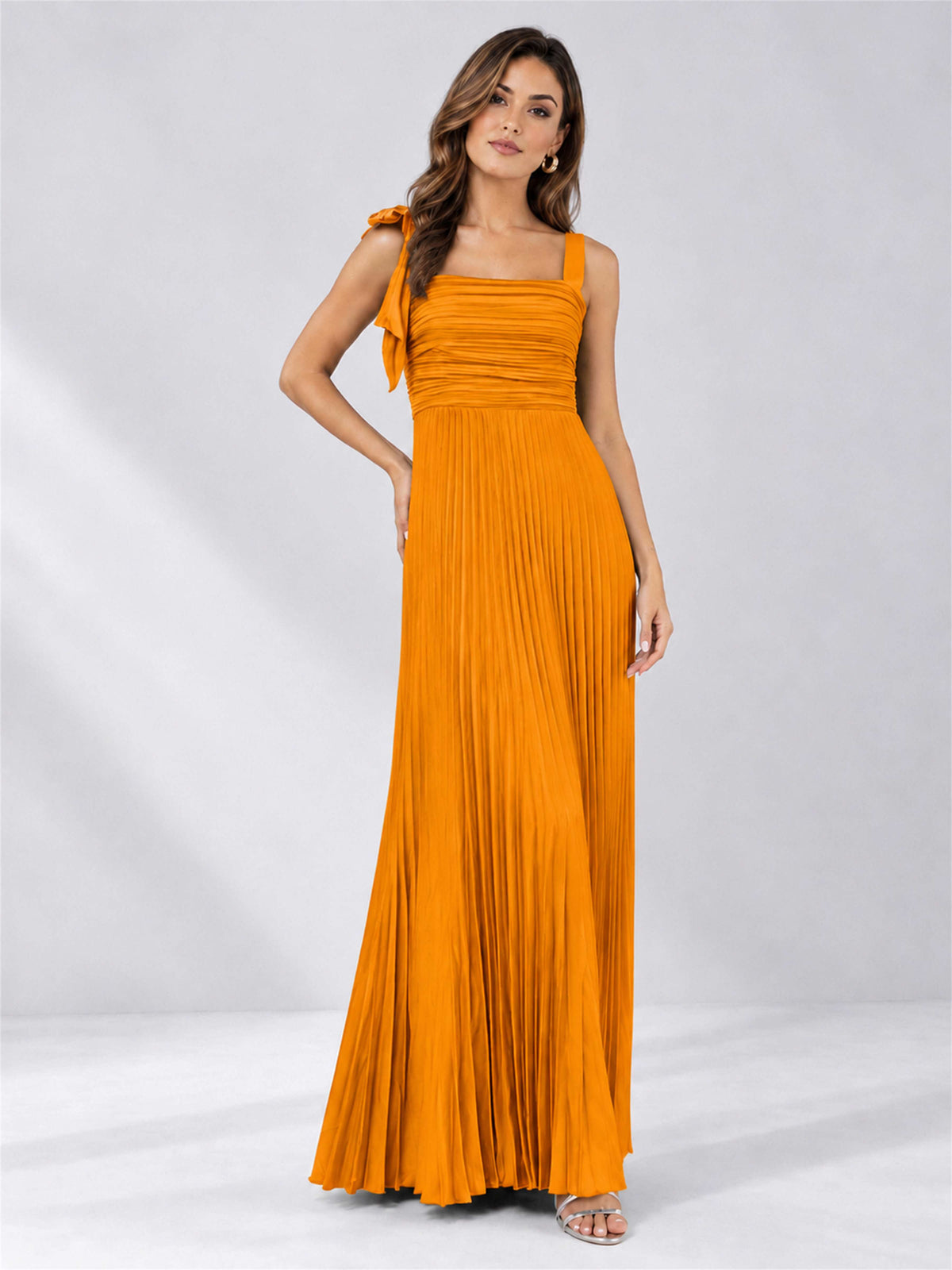 Square Neck A-Line Pleated Satin Sleeveless Floor-Length Wedding Guest Dress