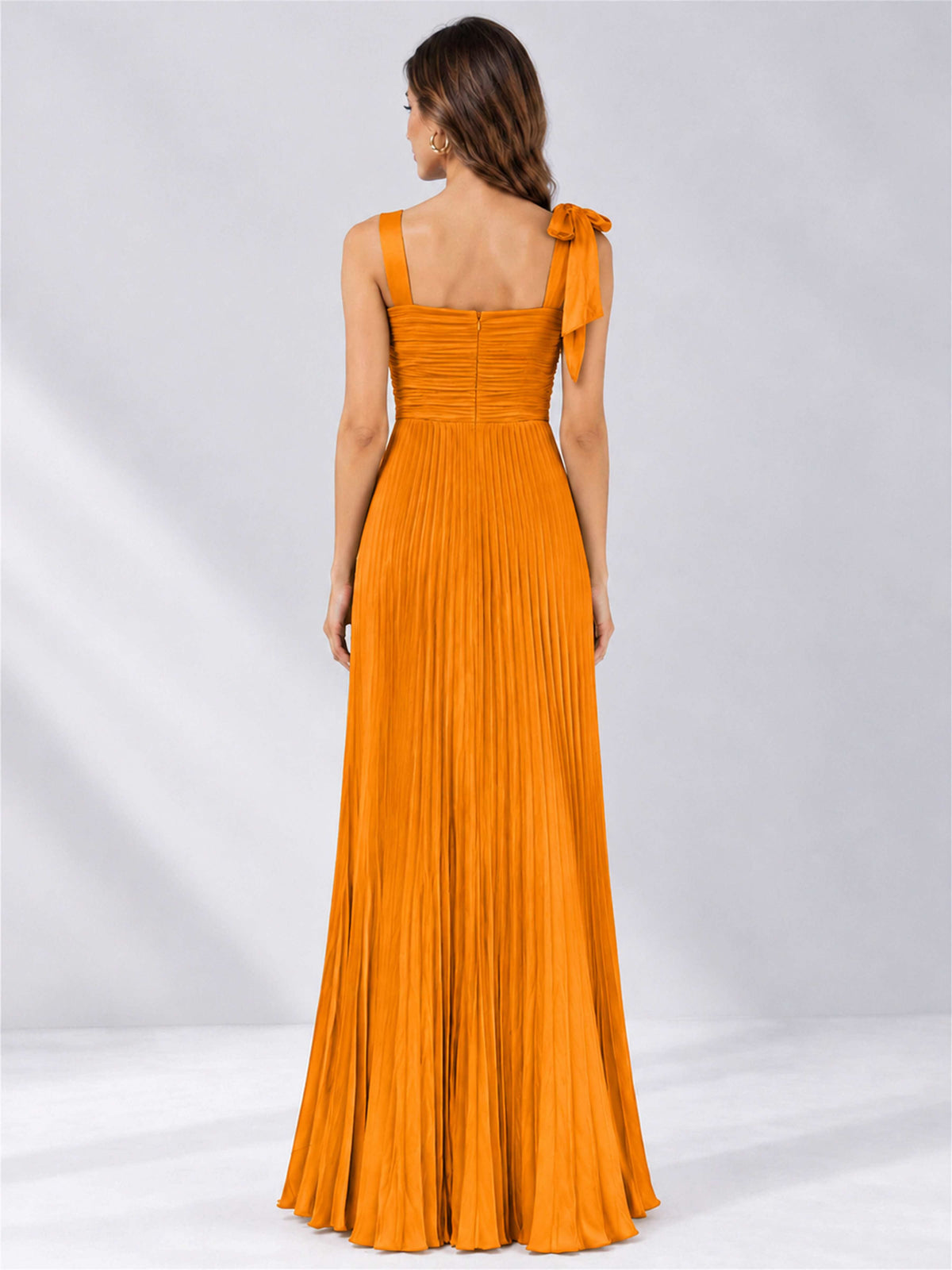 Square Neck A-Line Pleated Satin Sleeveless Floor-Length Wedding Guest Dress