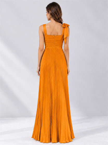 Square Neck A-Line Pleated Satin Sleeveless Floor-Length Wedding Guest Dress