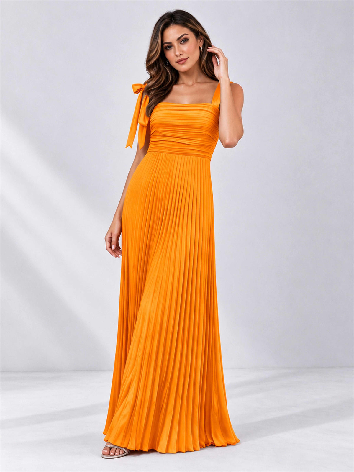 Square Neck A-Line Pleated Satin Sleeveless Floor-Length Wedding Guest Dress