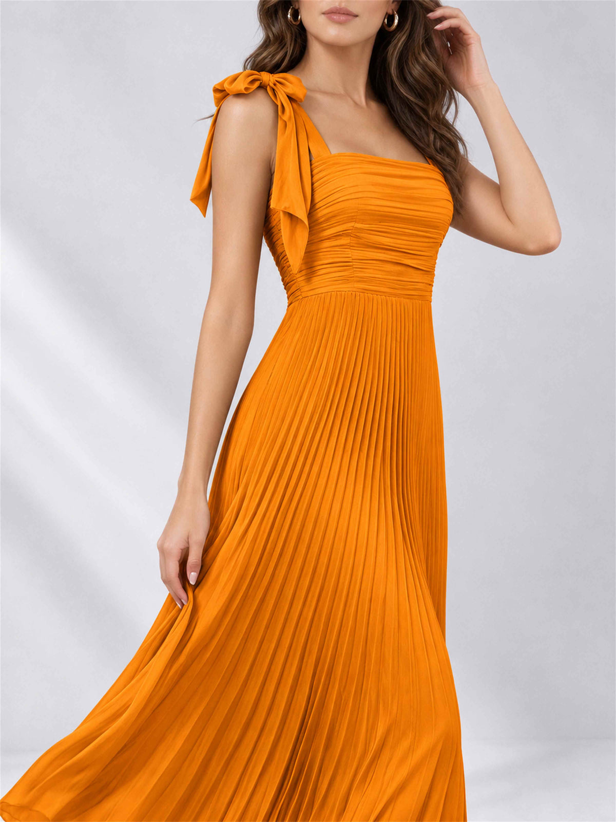 Square Neck A-Line Pleated Satin Sleeveless Floor-Length Wedding Guest Dress