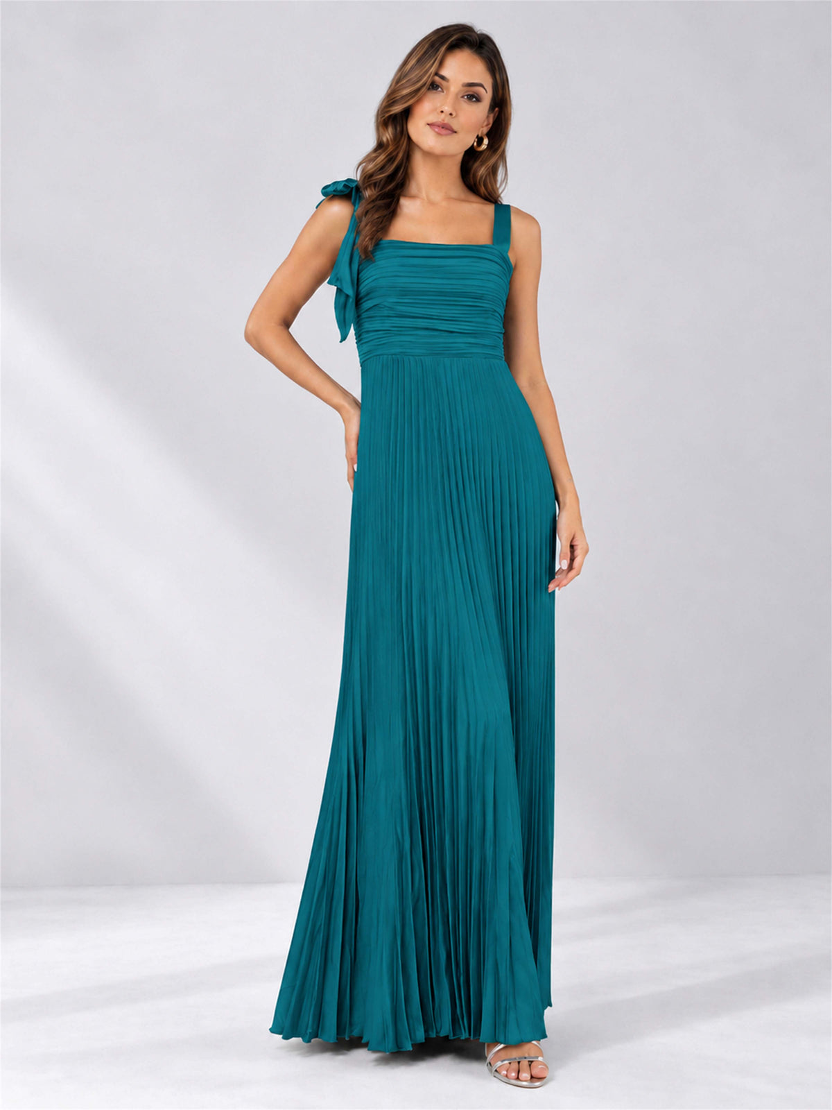 Square Neck A-Line Pleated Satin Sleeveless Floor-Length Wedding Guest Dress