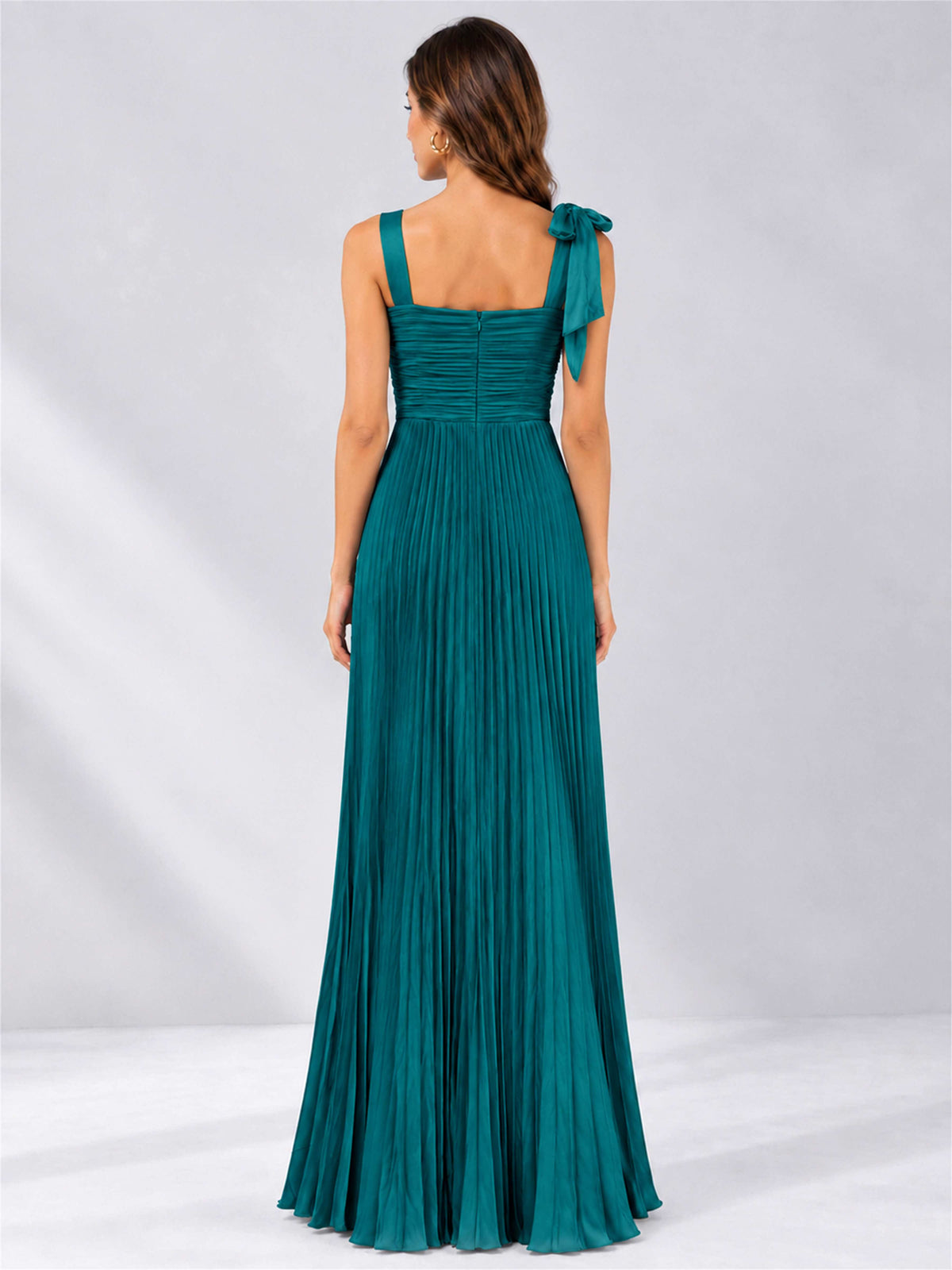 Square Neck A-Line Pleated Satin Sleeveless Floor-Length Wedding Guest Dress