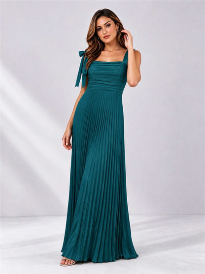 Square Neck A-Line Pleated Satin Sleeveless Floor-Length Wedding Guest Dress