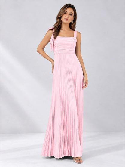 Square Neck A-Line Pleated Satin Sleeveless Floor-Length Wedding Guest Dress