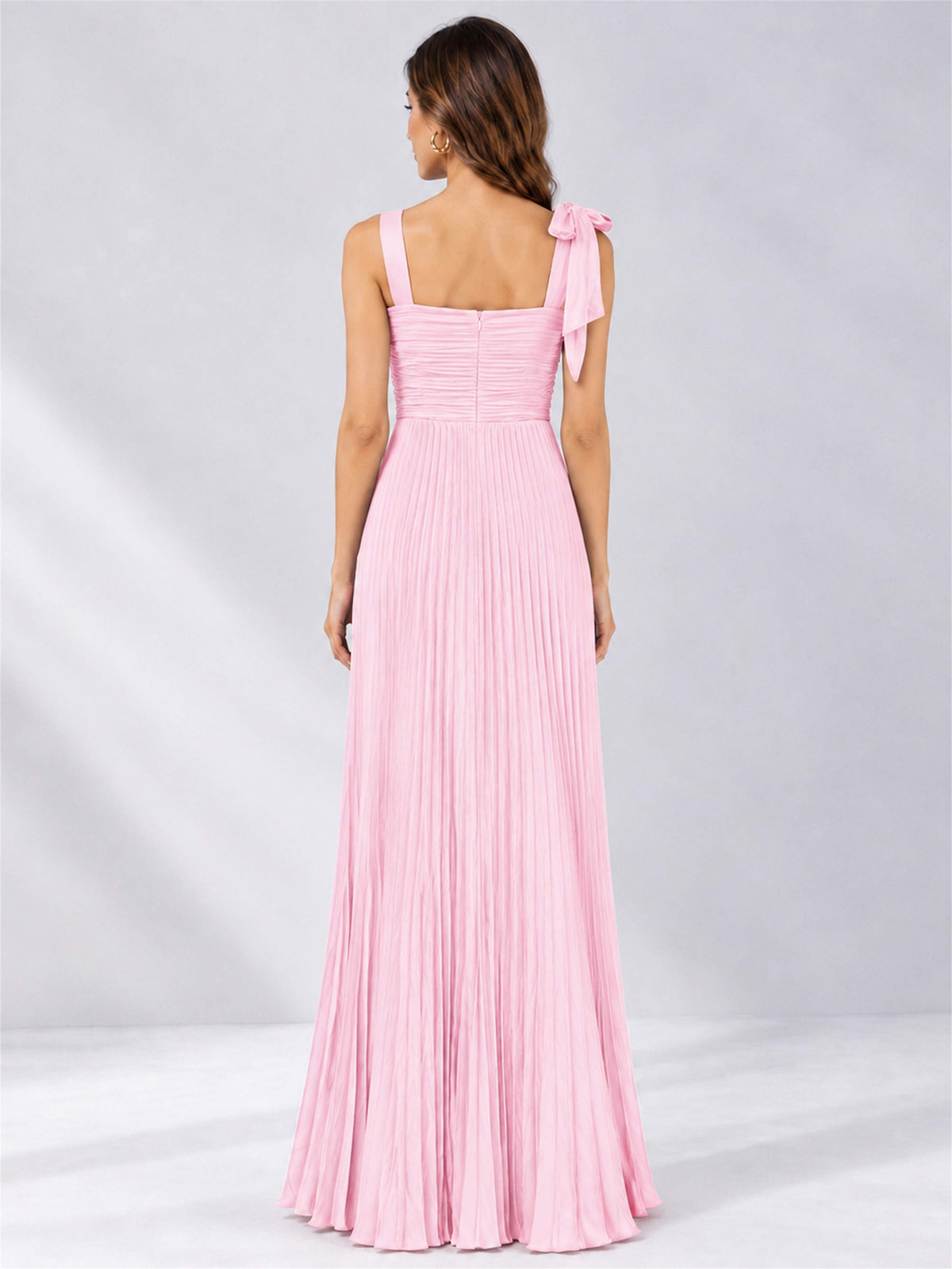 Square Neck A-Line Pleated Satin Sleeveless Floor-Length Wedding Guest Dress