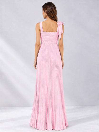 Square Neck A-Line Pleated Satin Sleeveless Floor-Length Wedding Guest Dress