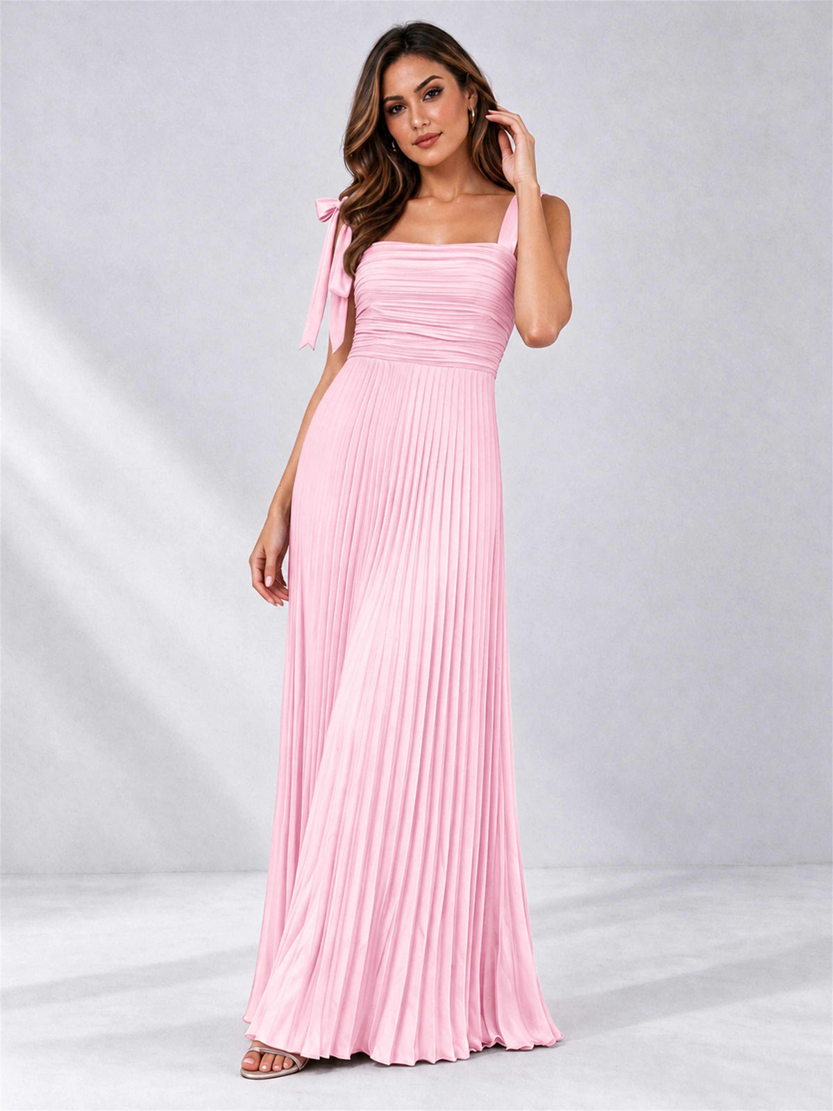 Square Neck A-Line Pleated Satin Sleeveless Floor-Length Wedding Guest Dress