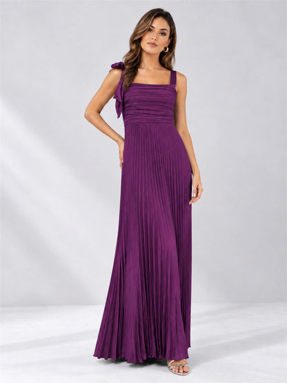 Square Neck A-Line Pleated Satin Sleeveless Floor-Length Wedding Guest Dress