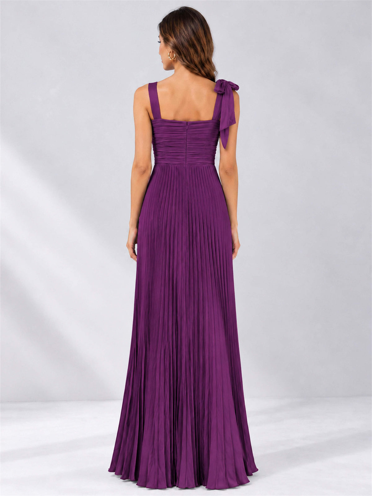 Square Neck A-Line Pleated Satin Sleeveless Floor-Length Wedding Guest Dress