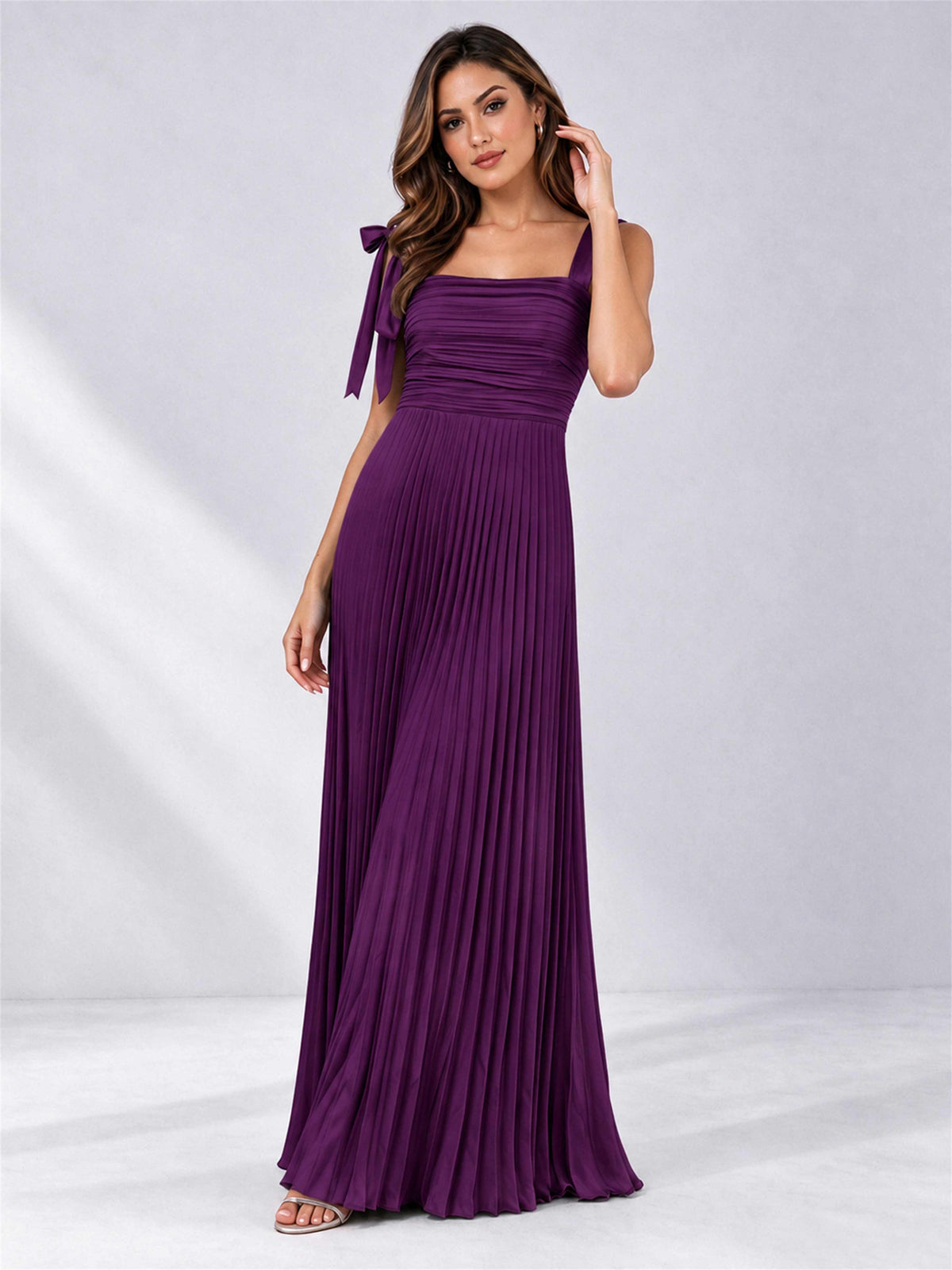 Square Neck A-Line Pleated Satin Sleeveless Floor-Length Wedding Guest Dress