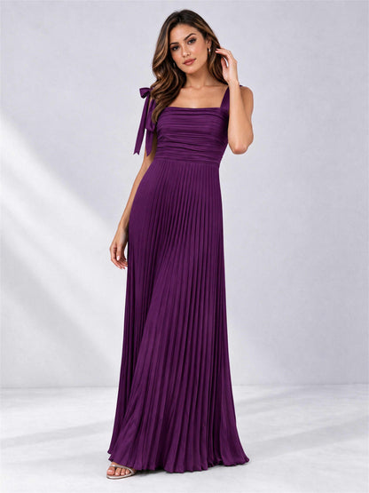 Square Neck A-Line Pleated Satin Sleeveless Floor-Length Wedding Guest Dress