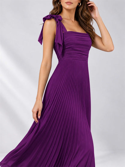 Square Neck A-Line Pleated Satin Sleeveless Floor-Length Wedding Guest Dress