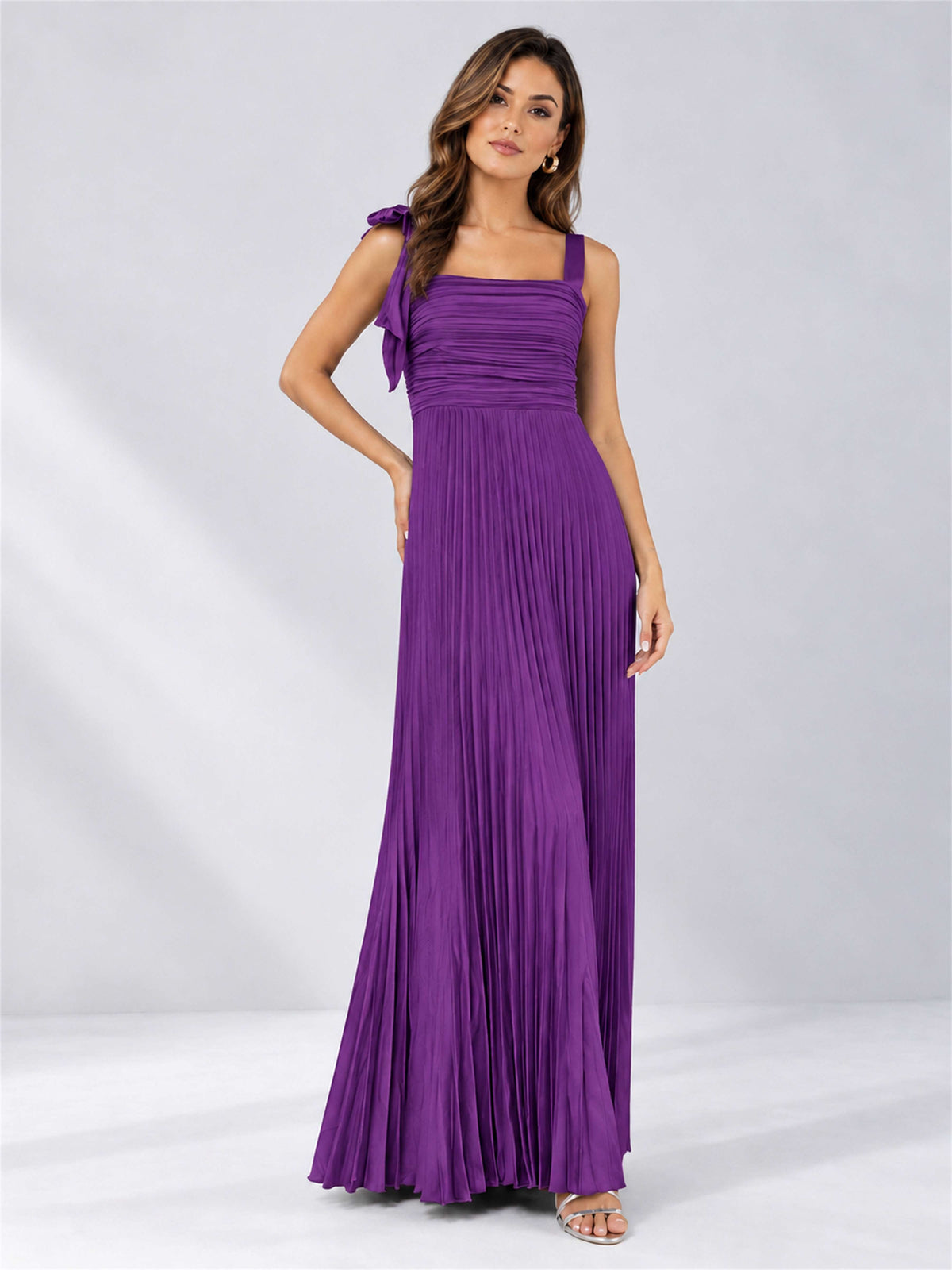 Square Neck A-Line Pleated Satin Sleeveless Floor-Length Wedding Guest Dress