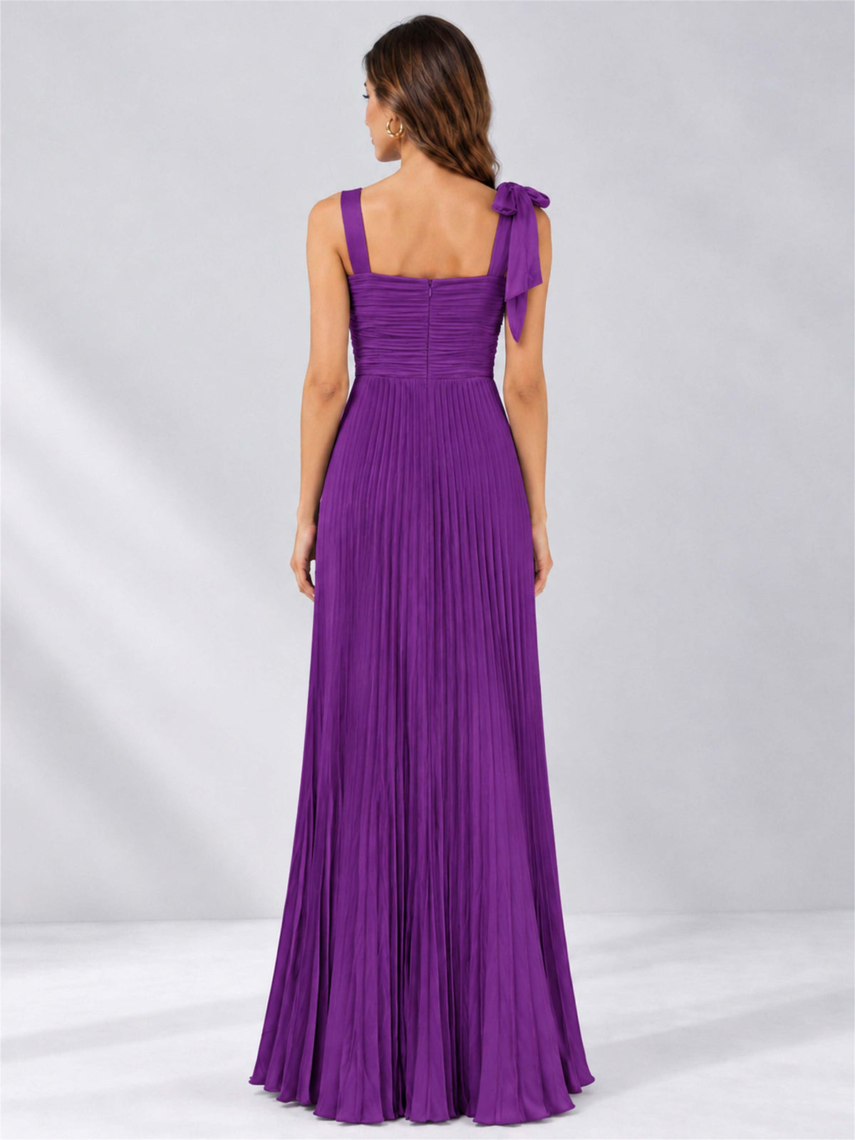 Square Neck A-Line Pleated Satin Sleeveless Floor-Length Wedding Guest Dress