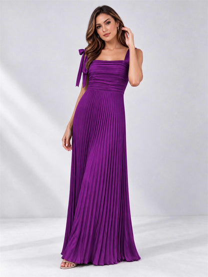 Square Neck A-Line Pleated Satin Sleeveless Floor-Length Wedding Guest Dress