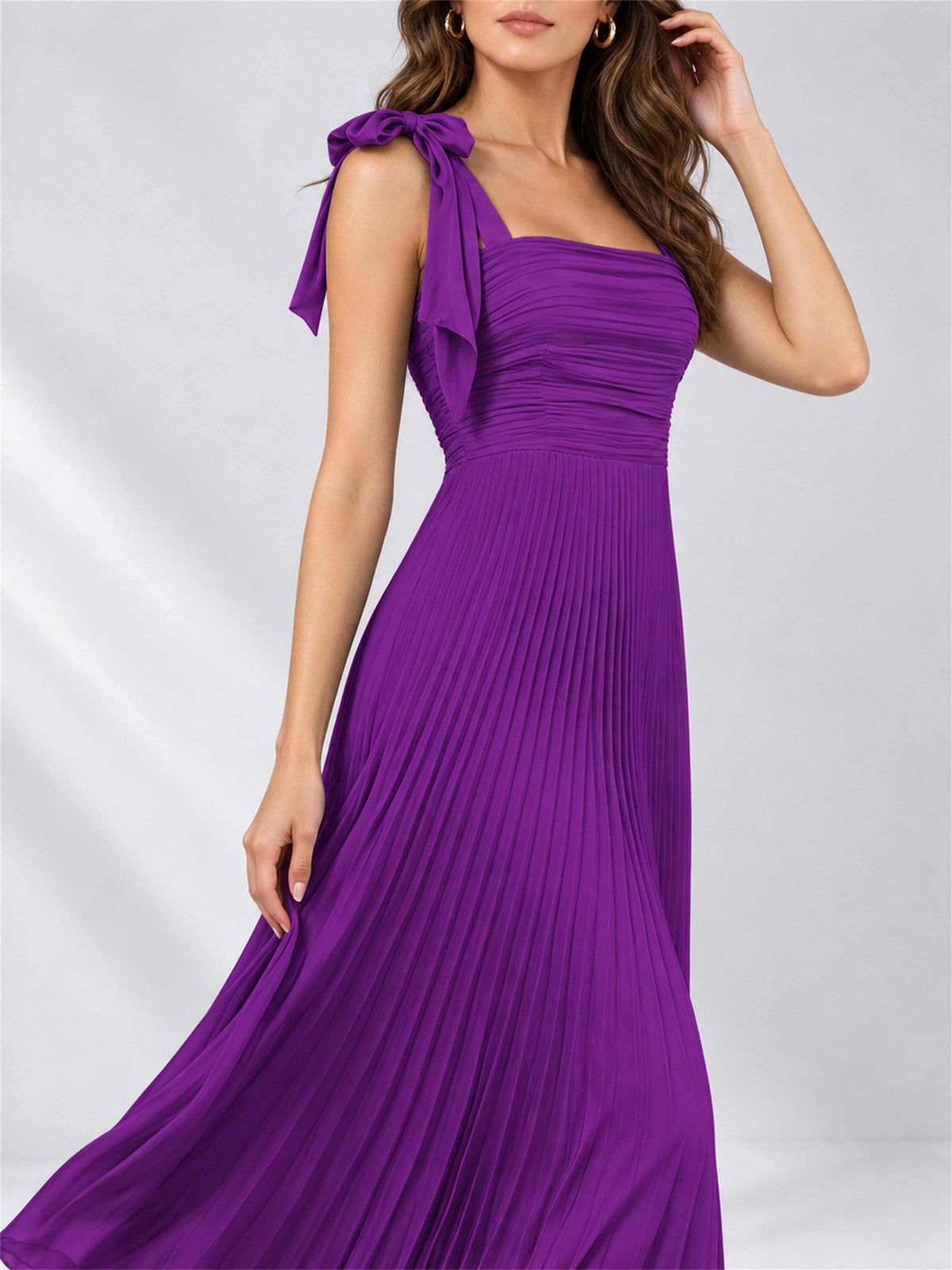 Square Neck A-Line Pleated Satin Sleeveless Floor-Length Wedding Guest Dress