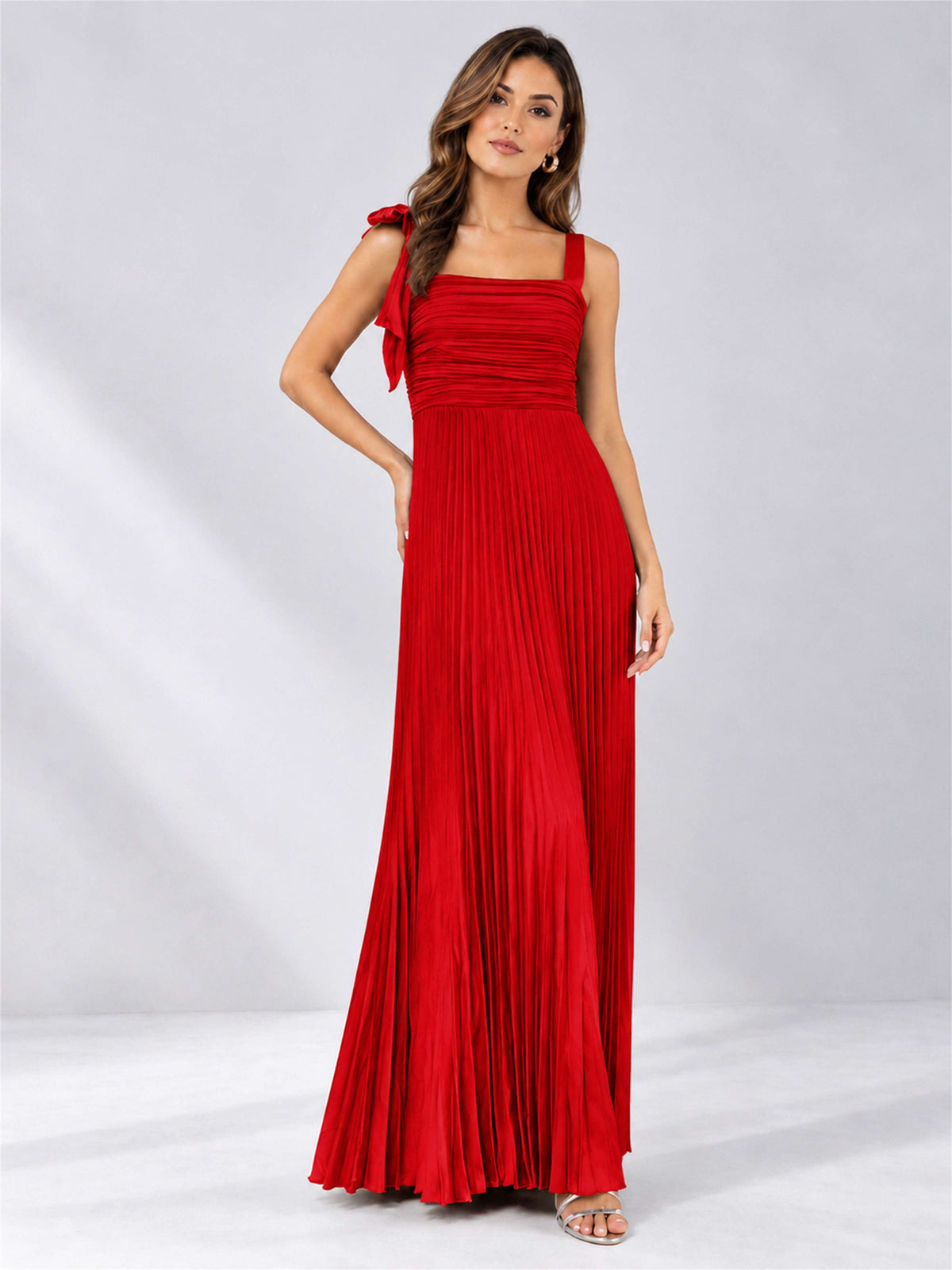 Square Neck A-Line Pleated Satin Sleeveless Floor-Length Wedding Guest Dress