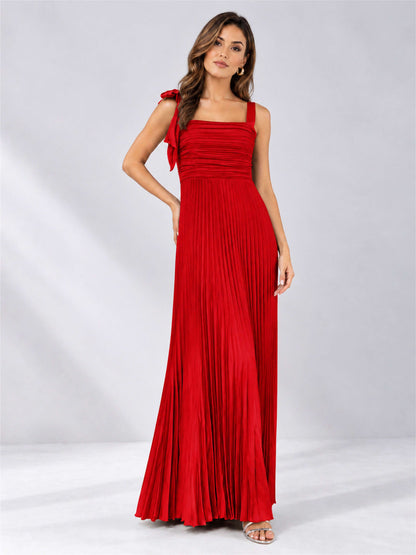 Square Neck A-Line Pleated Satin Sleeveless Floor-Length Wedding Guest Dress