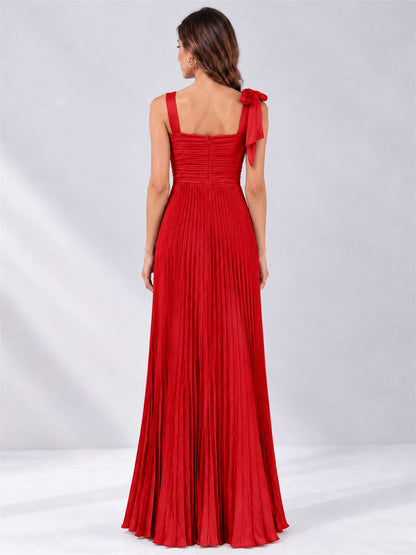 Square Neck A-Line Pleated Satin Sleeveless Floor-Length Wedding Guest Dress