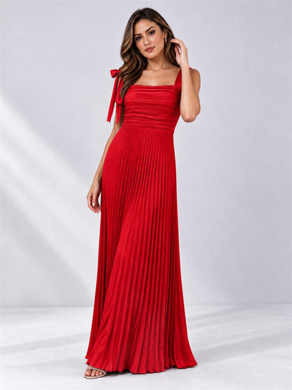 Square Neck A-Line Pleated Satin Sleeveless Floor-Length Wedding Guest Dress