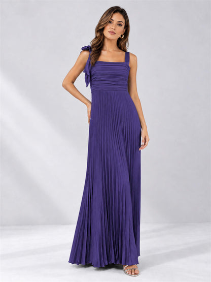 Square Neck A-Line Pleated Satin Sleeveless Floor-Length Wedding Guest Dress