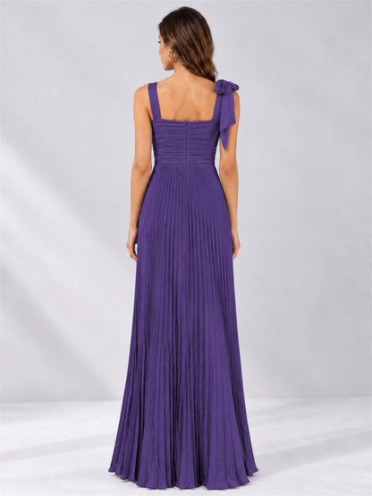 Square Neck A-Line Pleated Satin Sleeveless Floor-Length Wedding Guest Dress