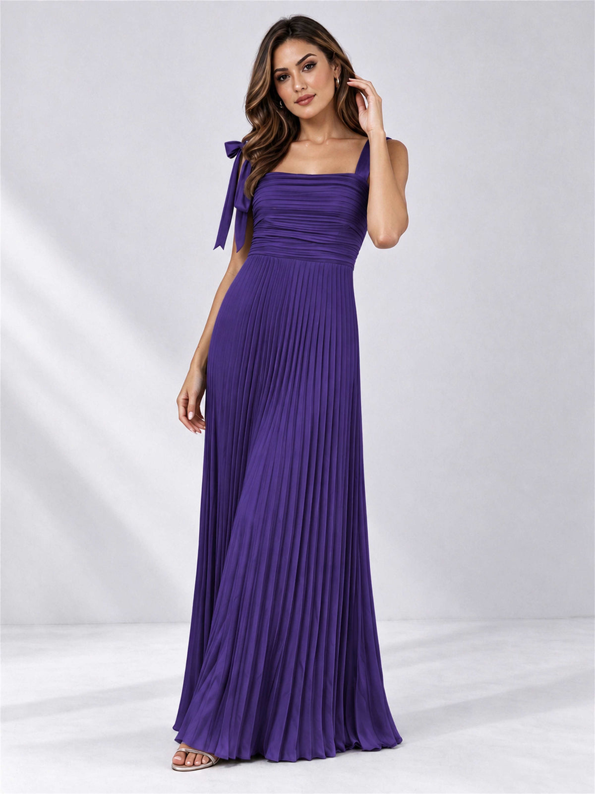 Square Neck A-Line Pleated Satin Sleeveless Floor-Length Wedding Guest Dress