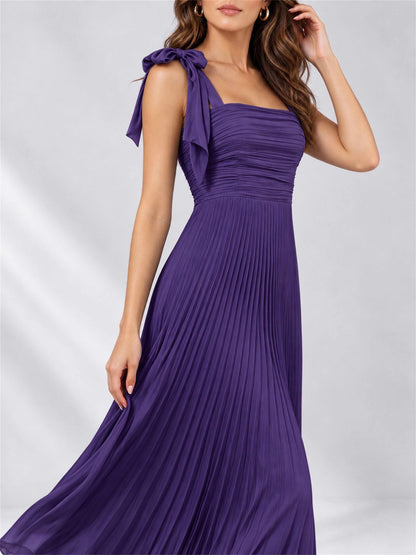 Square Neck A-Line Pleated Satin Sleeveless Floor-Length Wedding Guest Dress