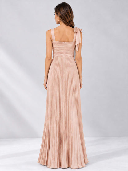 Square Neck A-Line Pleated Satin Sleeveless Floor-Length Wedding Guest Dress