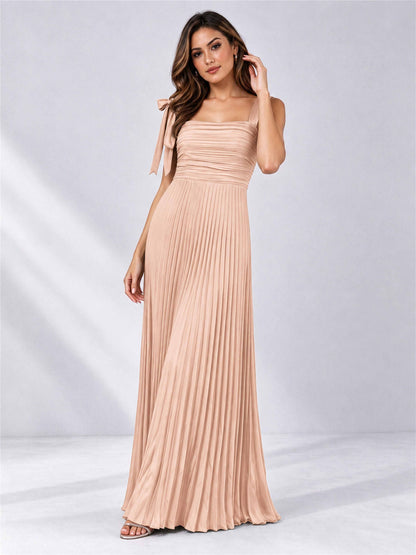 Square Neck A-Line Pleated Satin Sleeveless Floor-Length Wedding Guest Dress