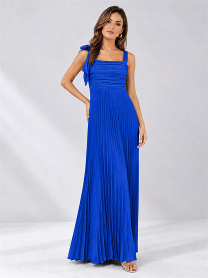 Square Neck A-Line Pleated Satin Sleeveless Floor-Length Wedding Guest Dress