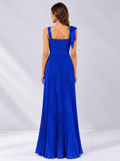 Square Neck A-Line Pleated Satin Sleeveless Floor-Length Wedding Guest Dress