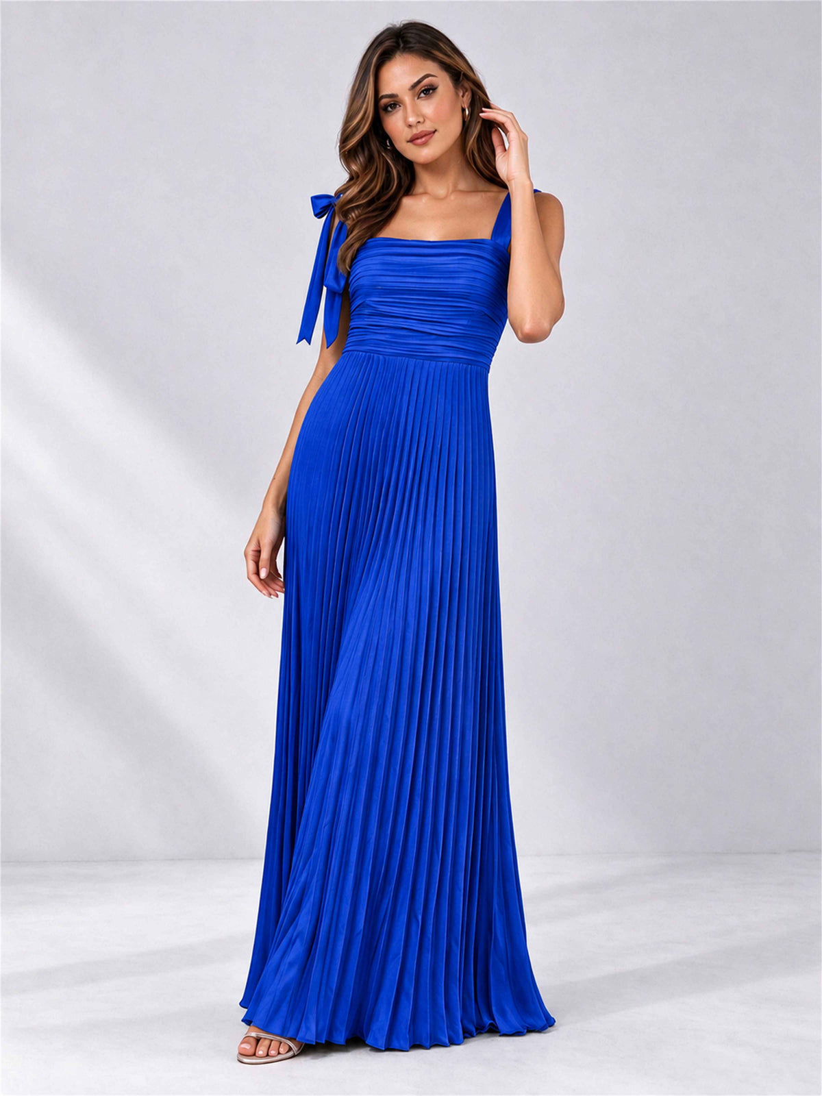 Square Neck A-Line Pleated Satin Sleeveless Floor-Length Wedding Guest Dress