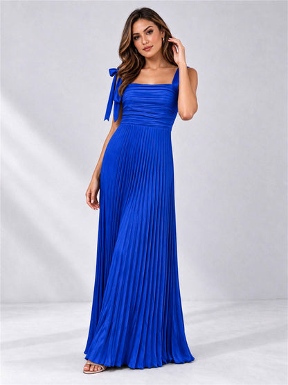 Square Neck A-Line Pleated Satin Sleeveless Floor-Length Wedding Guest Dress