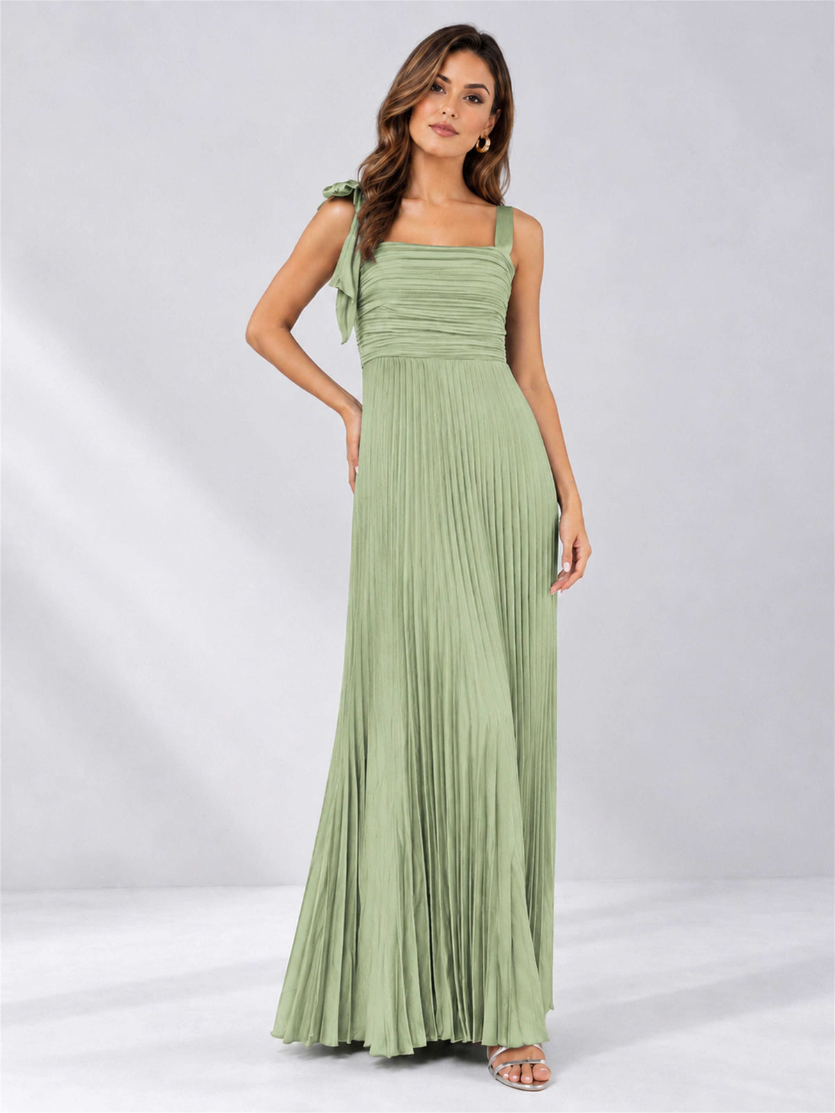 Square Neck A-Line Pleated Satin Sleeveless Floor-Length Wedding Guest Dress