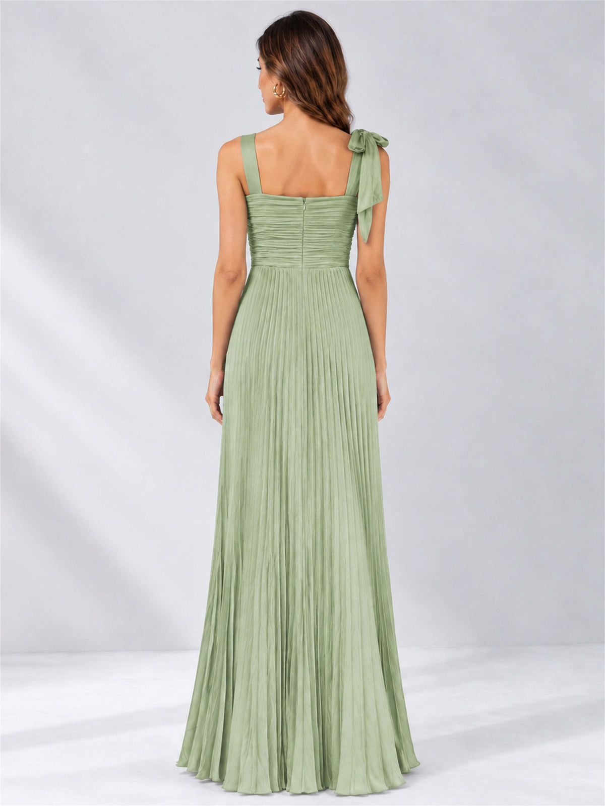 Square Neck A-Line Pleated Satin Sleeveless Floor-Length Wedding Guest Dress