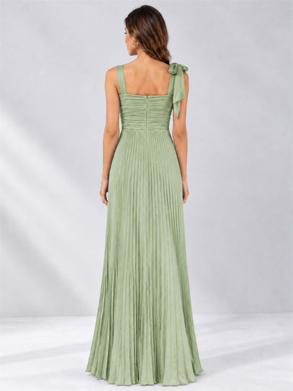 Square Neck A-Line Pleated Satin Sleeveless Floor-Length Wedding Guest Dress