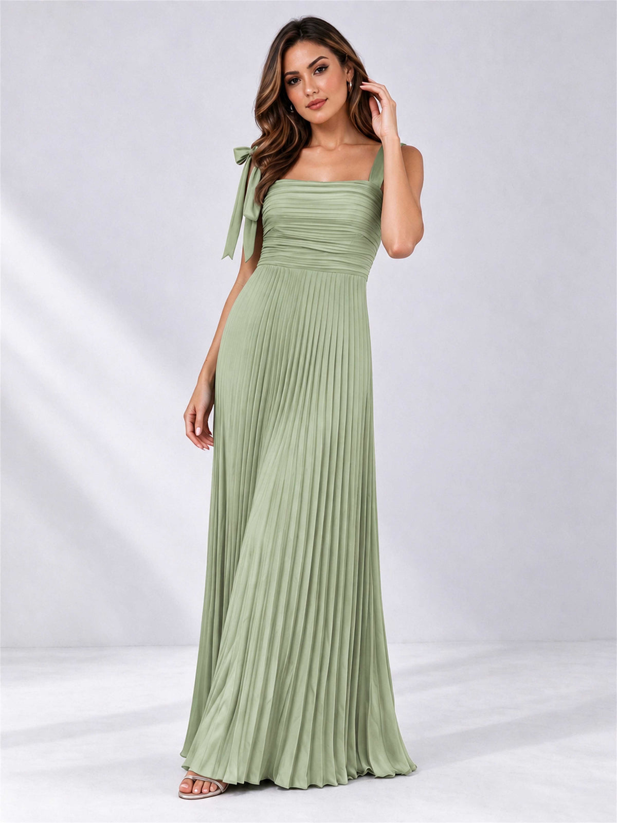 Square Neck A-Line Pleated Satin Sleeveless Floor-Length Wedding Guest Dress
