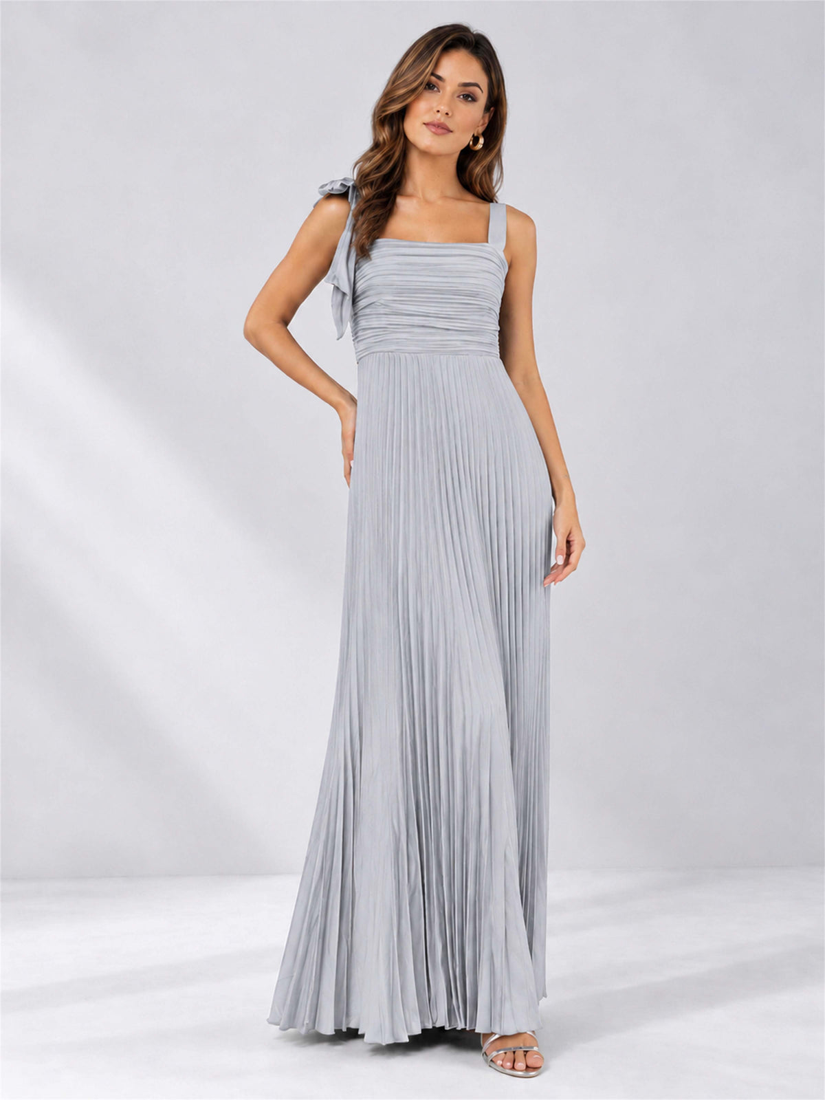 Square Neck A-Line Pleated Satin Sleeveless Floor-Length Wedding Guest Dress