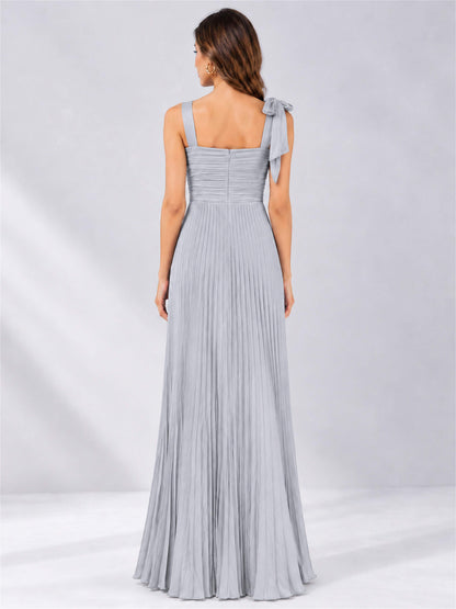 Square Neck A-Line Pleated Satin Sleeveless Floor-Length Wedding Guest Dress