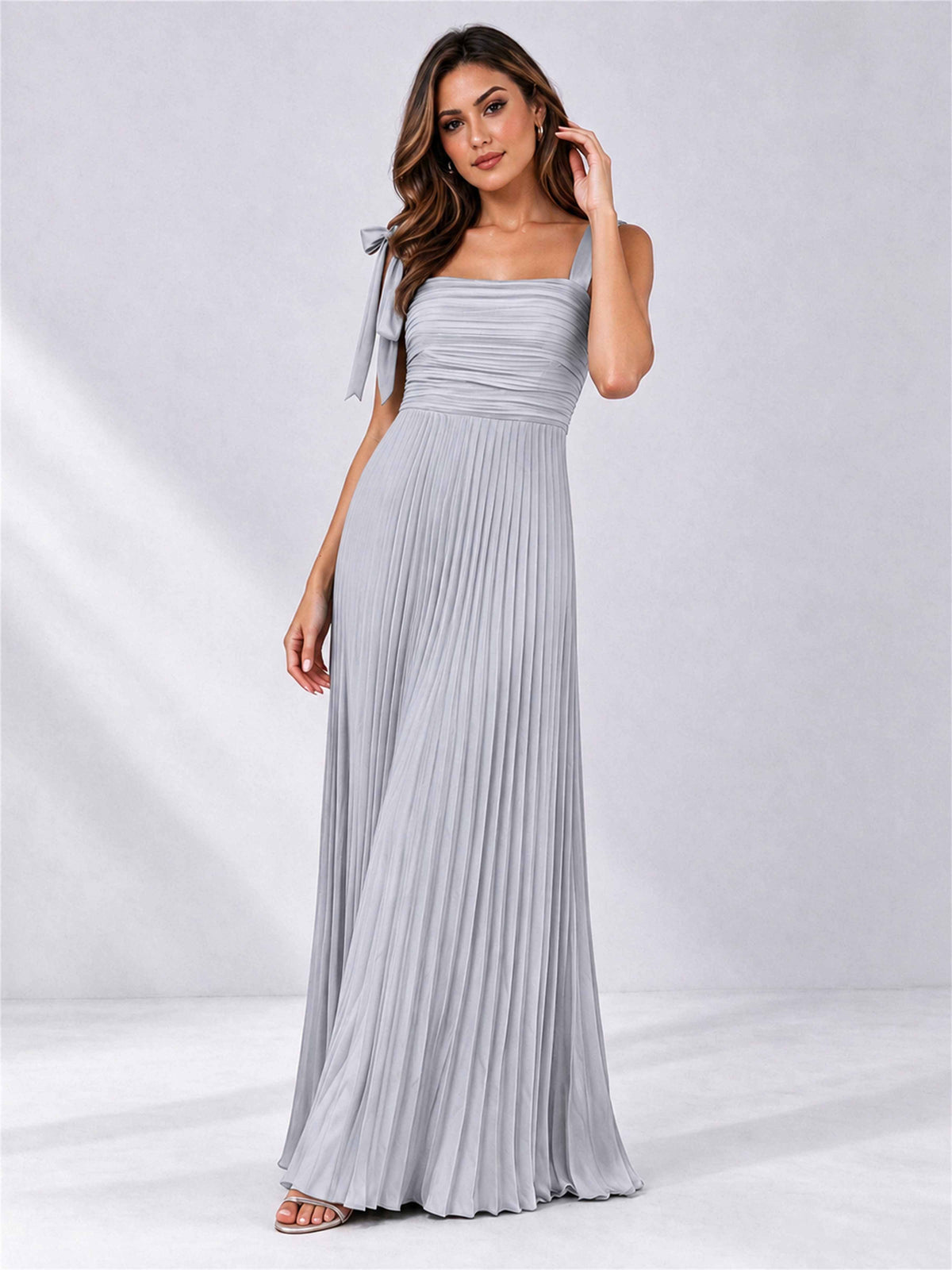 Square Neck A-Line Pleated Satin Sleeveless Floor-Length Wedding Guest Dress