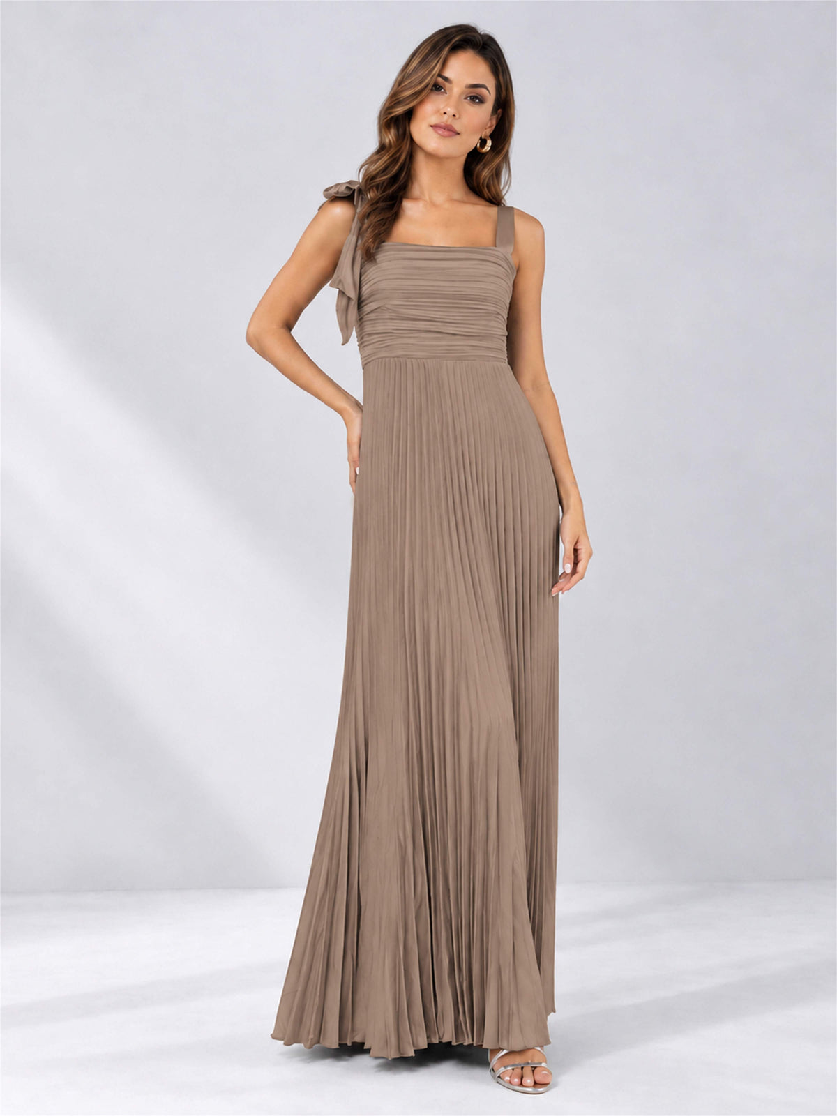 Square Neck A-Line Pleated Satin Sleeveless Floor-Length Wedding Guest Dress