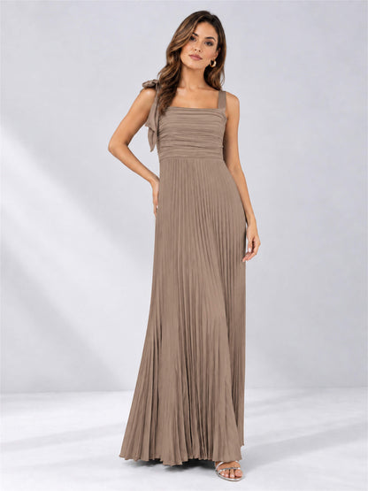 Square Neck A-Line Pleated Satin Sleeveless Floor-Length Wedding Guest Dress