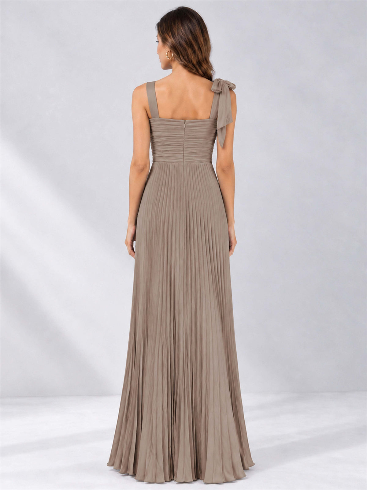 Square Neck A-Line Pleated Satin Sleeveless Floor-Length Wedding Guest Dress
