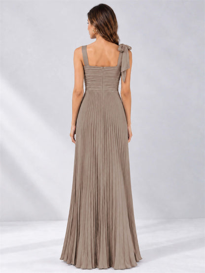 Square Neck A-Line Pleated Satin Sleeveless Floor-Length Wedding Guest Dress