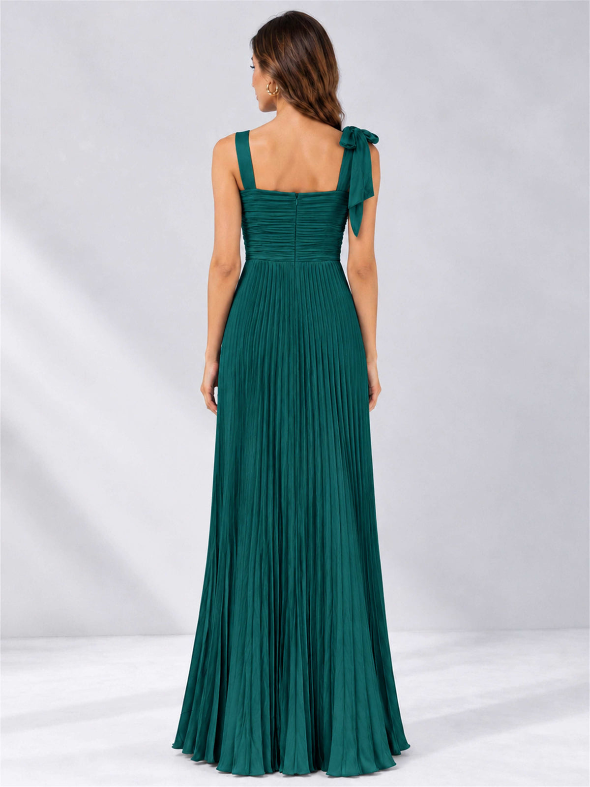 Square Neck A-Line Pleated Satin Sleeveless Floor-Length Wedding Guest Dress